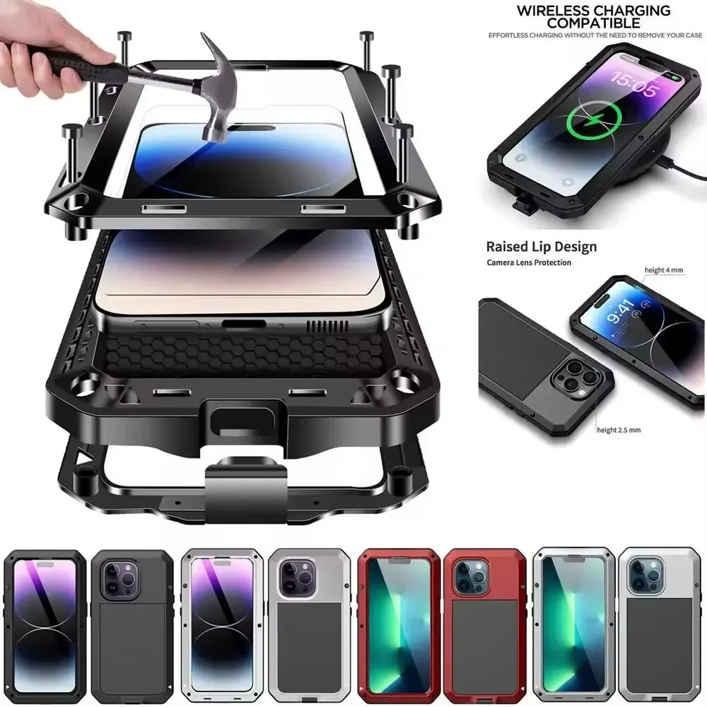 High-end Duty Military Tough Metal Case For iPhone 16 15 14 13 12 11 Pro Max XS XR 8 Plus Outdoor sports Shockproof Protective