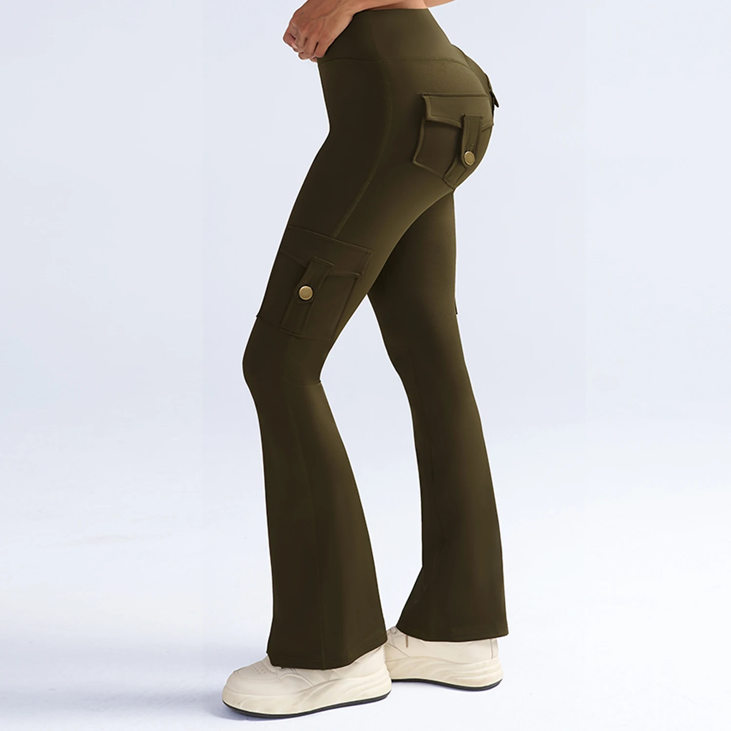 جيب مضيئة طماق للنساء عالية الخصر Bootcut جرس قيعان البطن التحكم اليوغا السراويل موضة الرياضة واسعة الساق طماق