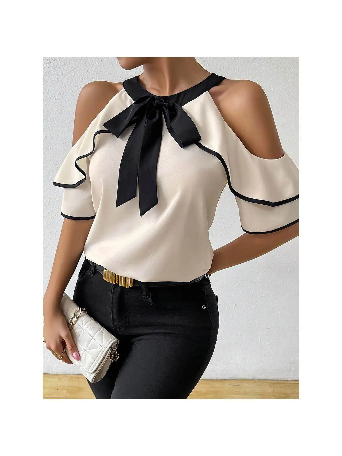 

Women's Double Layer ort Sve Bow Neline irt Casual Comfortable T-irt Knot Design Summer ential Top