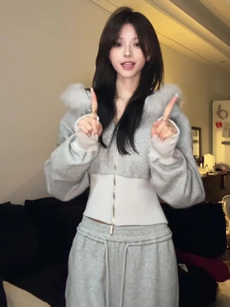 Spring Autumn Cropped Jacket Fur Collar Hooded Sweatshirt Long Sleeve Coat Y2k Tops Slim Streetwear Zips Outerwear Aesthetic Top