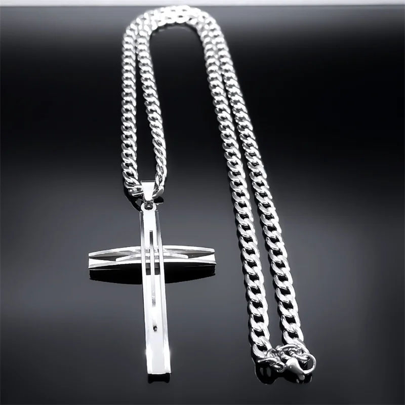 Hip Hop Faith Big Cross Religious Necklace Stainless Steel Chain for Men Rock Crucifix Pendant Necklace Party Jewelry Accessory