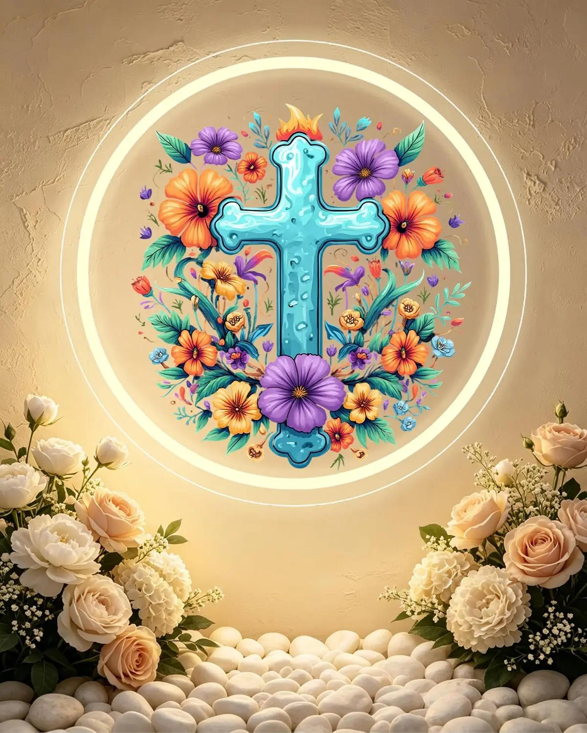 Floral Cross LED Neon Sign USB Powered Neon Light Religious Christian Wall Decor for Church Bedroom Art Night Lamp Holiday Gift