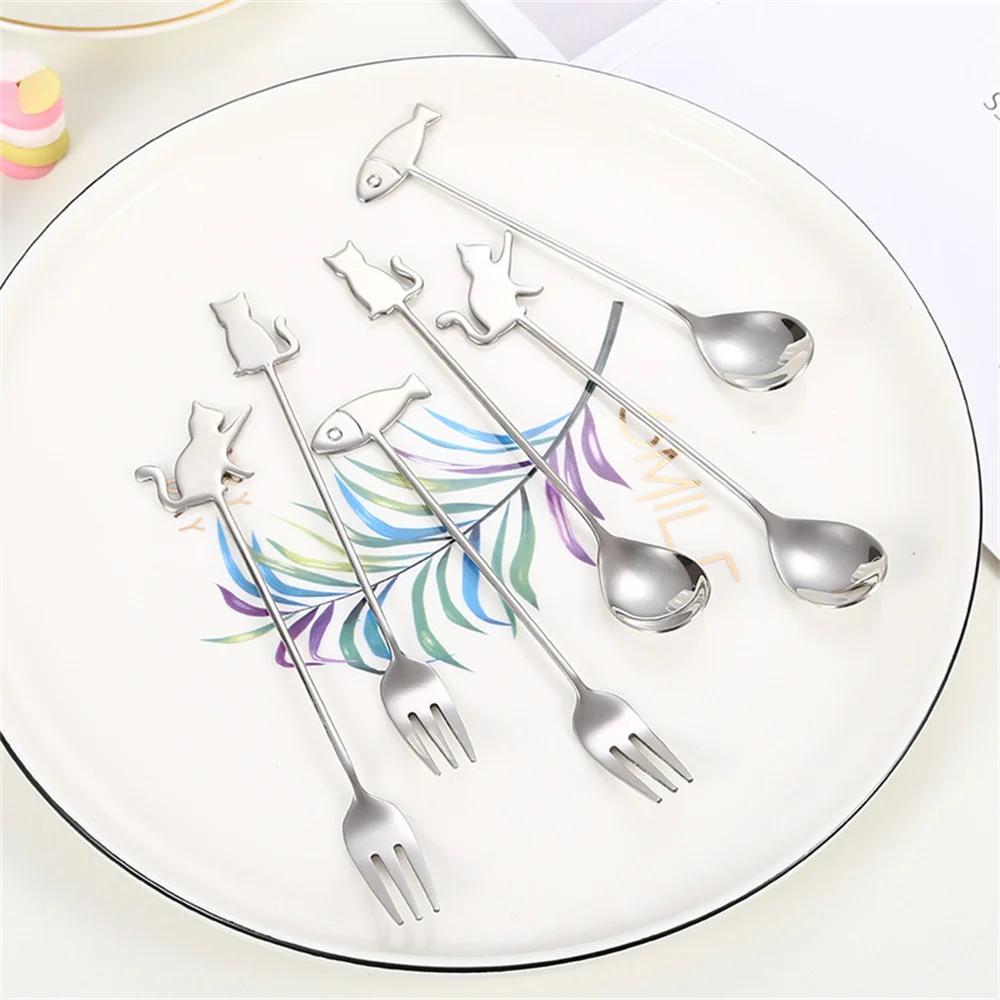 New Cartoon Stainless Steel Spoon Fork Creative Cute Cat Tableware Milk Coffee Ice Cream Dessert Summer Fruits Fork Spoon