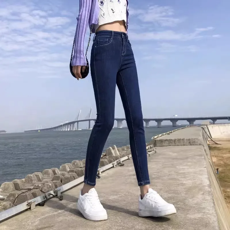 

High Waist Slimming Jeans Women's New Style Nine Points Skinny Long Pants Casual Cotton Stretch Denim Wear Resistant