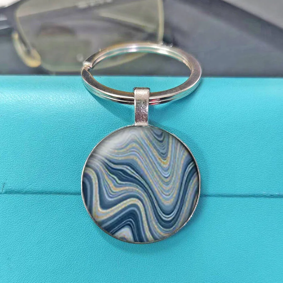 Hot Alcohol Ink Marble Texture Glass Key Chain, Teal Blue Grey Metallic Gold Vein Pattern Cabochon Key Holder Modern Boho