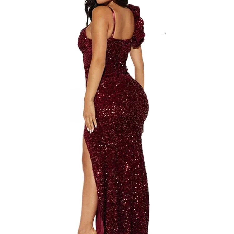 New Sexy Slit Leg Padded Long Cocktail Prom Dress Women‘s Luxury Sequin Strap Evening Party Wedding Gown Birthday Night Vestidos
