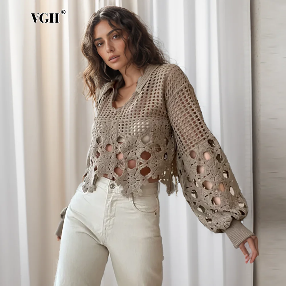 VGH Sexy Hollow Out Casual Blouses For Women Lapel Lantern Sleeve Minimalist Loose Short Pullover Shirts Female Fashion Style