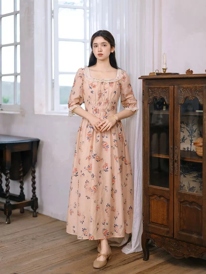 84-96cm Bust Spring Summer Women European Vintage Lace Trimmings Floral Print Slim Waist Comfortable Long Dresses