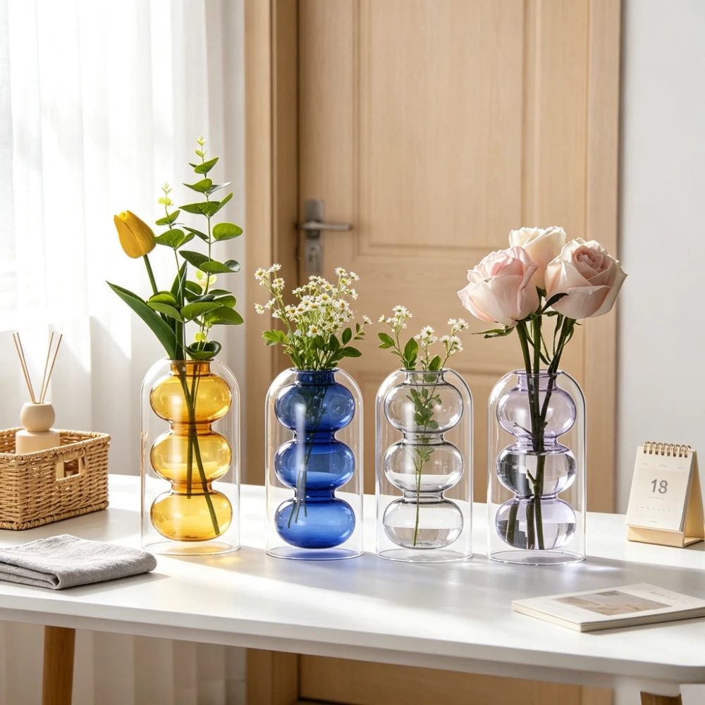 Modern Double‑Layer Glass Flower Vase 3‑Ball Bubble Hydroponic Plant Pot for Wedding Table Decor Home Office Ornament