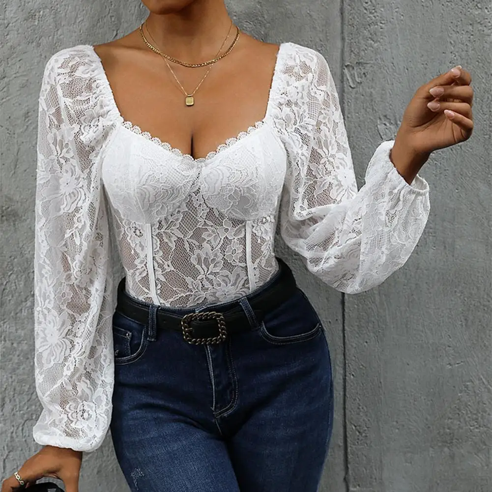 Women Rompers V Neck Long Sleeve Lace Slim Fit Swe-through Blouse Flower Embroidery Soft Hollow Out Lady Blouse Bodysuit