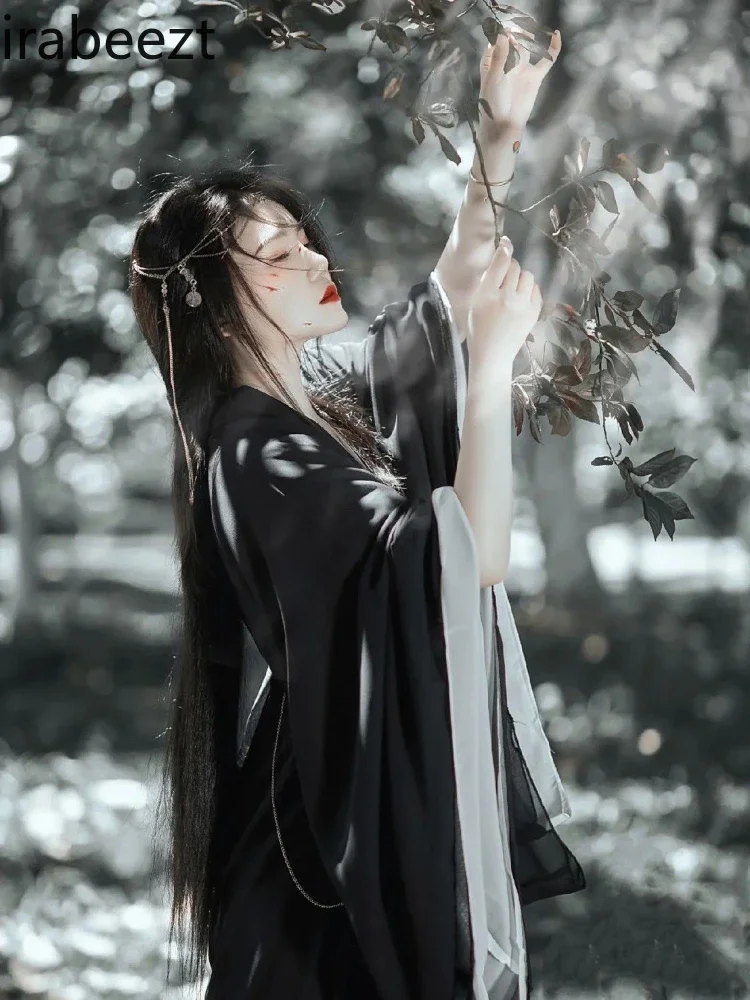 Czarny Vestido Wei Jin Dynasty Styl Wąska Talia Konfucian Szata z Kołnierzykiem Chiński Styl Duży Rękaw Koszula Taniec Hanfu Sukienka