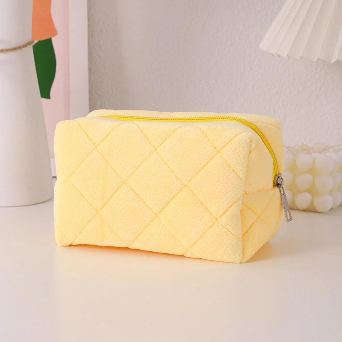 1 Piece Macaron Puffy Pencil Case Cream Aesthetic Quilted Plush Large Capacity Zipper Stationery Pouch For Teen School Office