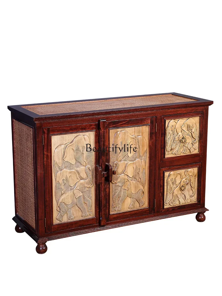 

13Retro solid wood relief elephant entrance cabinet living room new Chinese storage decorative cabinet