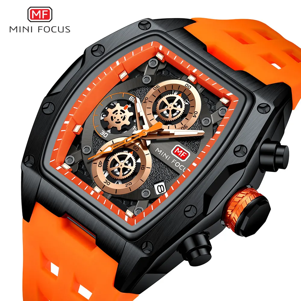 MINI FOCUS-Montre à Quartz de dehors Militaire pour Homme, Bracelet en Silicone Orange, Étanche, Chronographe avec Date, Aiguilles Shoous, 0473