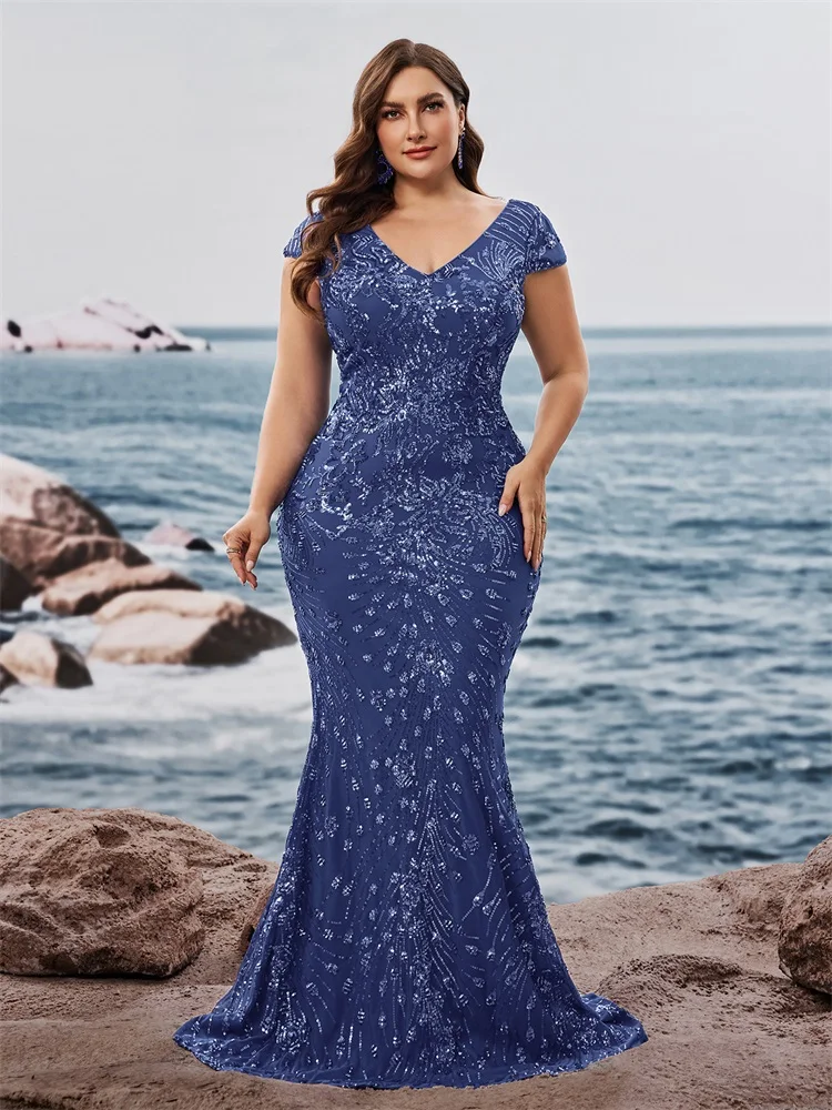 Plus Size Elegant V-neck Sequins Floor Length Evening Dresses Cap sleeve Bridesmaid Party Cocktail Gowns
