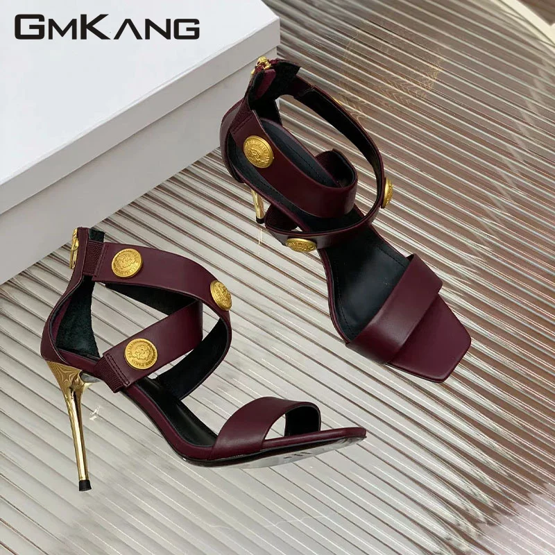 Summer New Sandals Women\'s High Heel Riveted Party Shoes Women\'s Square Open Toe Slim High Heel Sandals Women