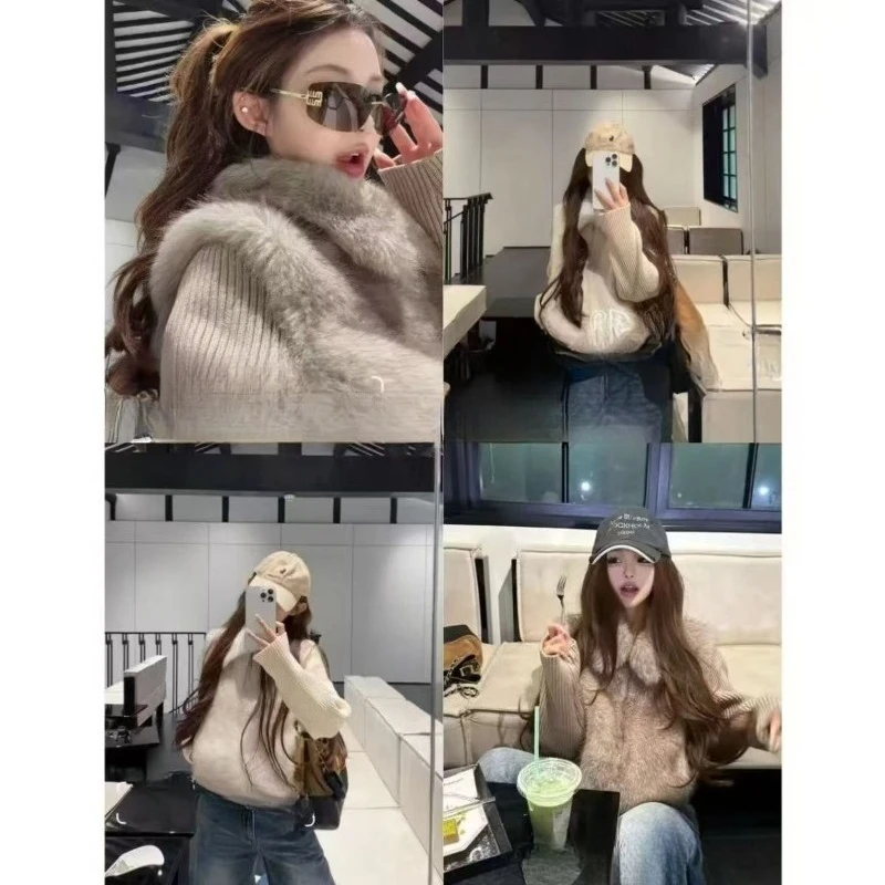 Otoño e Invierno nuevo chaleco de piel de zorro de imitación tejido empalme mangas removibles chaqueta de solapa delgada y versátil moderno elegante