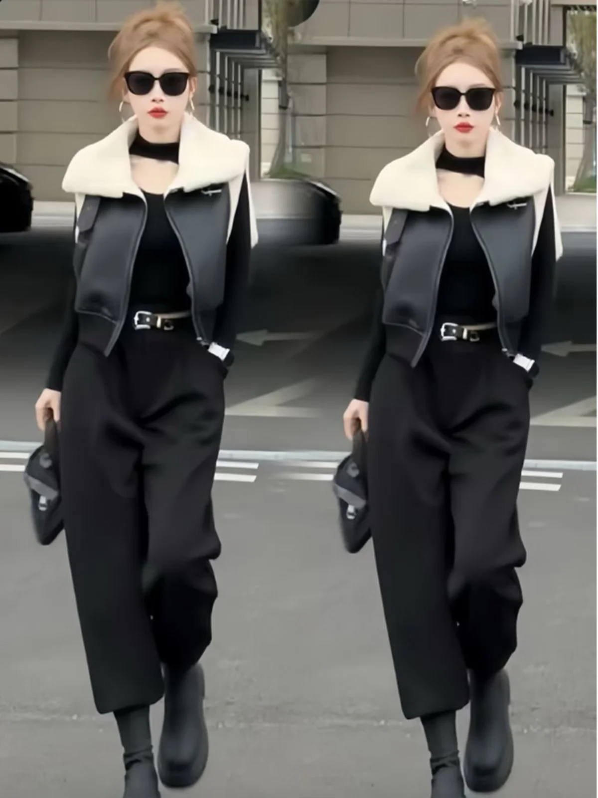 

Lamb Fur Vest And Casual Pants Set Women's Fashion Ensemble Autumn Winter Polyester Fiber High Waist Zipper Closure Ja...
