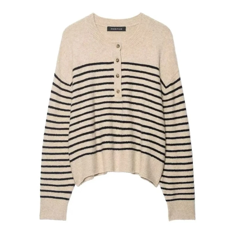 

Новый весенне-осенний вязаный кардиган в полоску с круглым вырезом и длинными рукавами, пальто, женский пуловер, универсальные топы, женская повседневная одежда