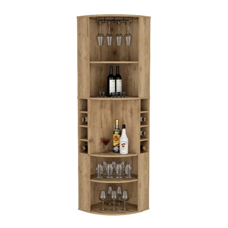 Bar cabinet with five shelves, eight bottle cubicles, and goblets