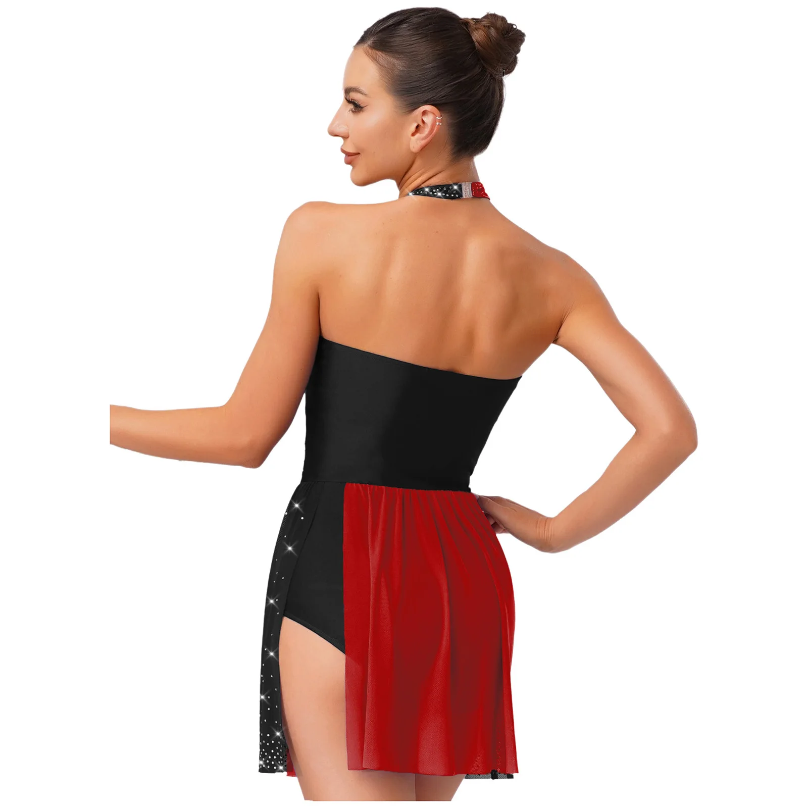 

Women Sparkly Rhinestones Mesh Skirted Bodysuit Dress Gymnastics Figure Skating Ballet Jersey Costume Modern Lyrical Dance Dress