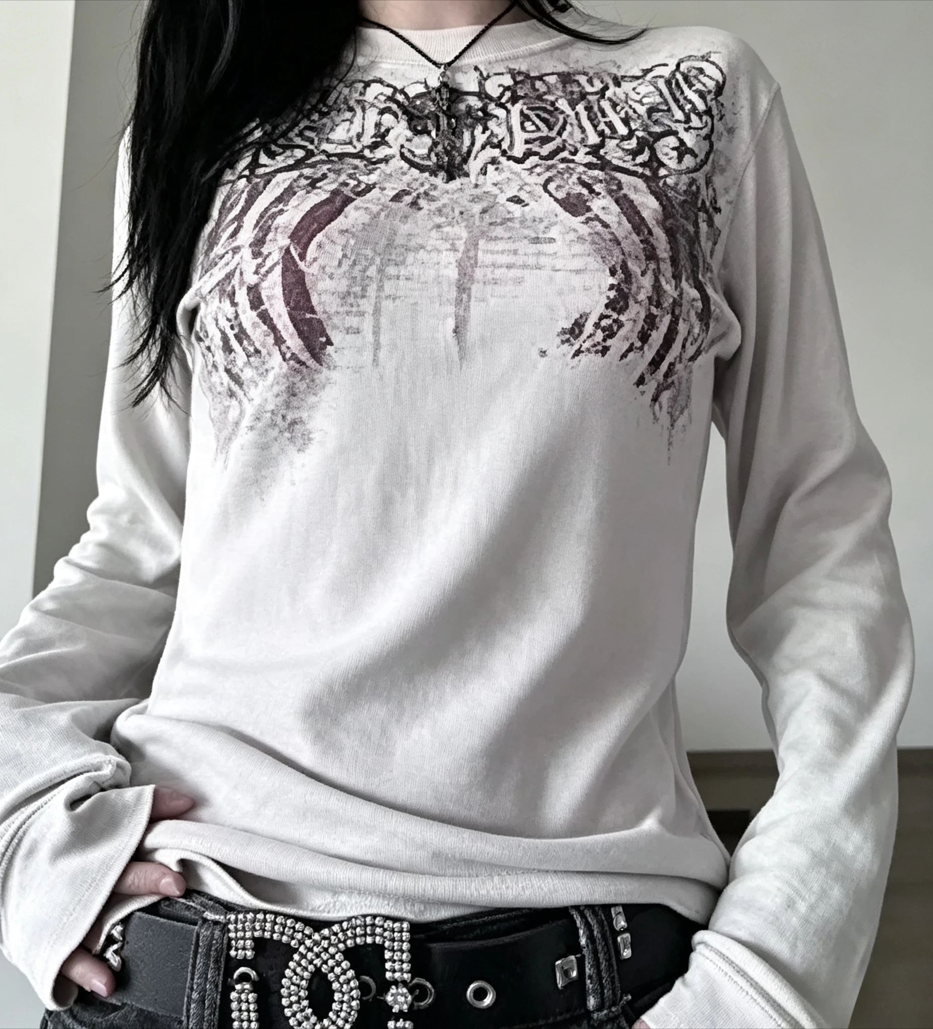 Vintage Distressed Dark Angel Wing Graphic Print Long Sleeve Top Slim Fit Casual Cotton Tee Y2K Streetwear Retro Everyday Wear