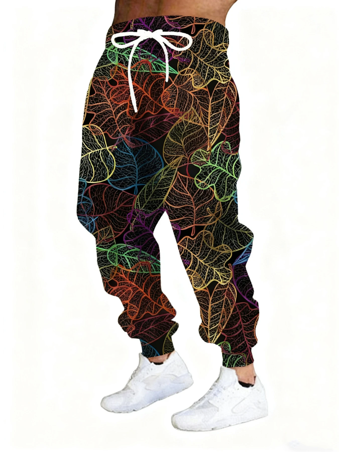 

Новые мужские повседневные брюки с 3D принтом листьев, уличные дышащие спортивные брюки, стильные уличные брюки на шнурке, мужские брюки с манжетами