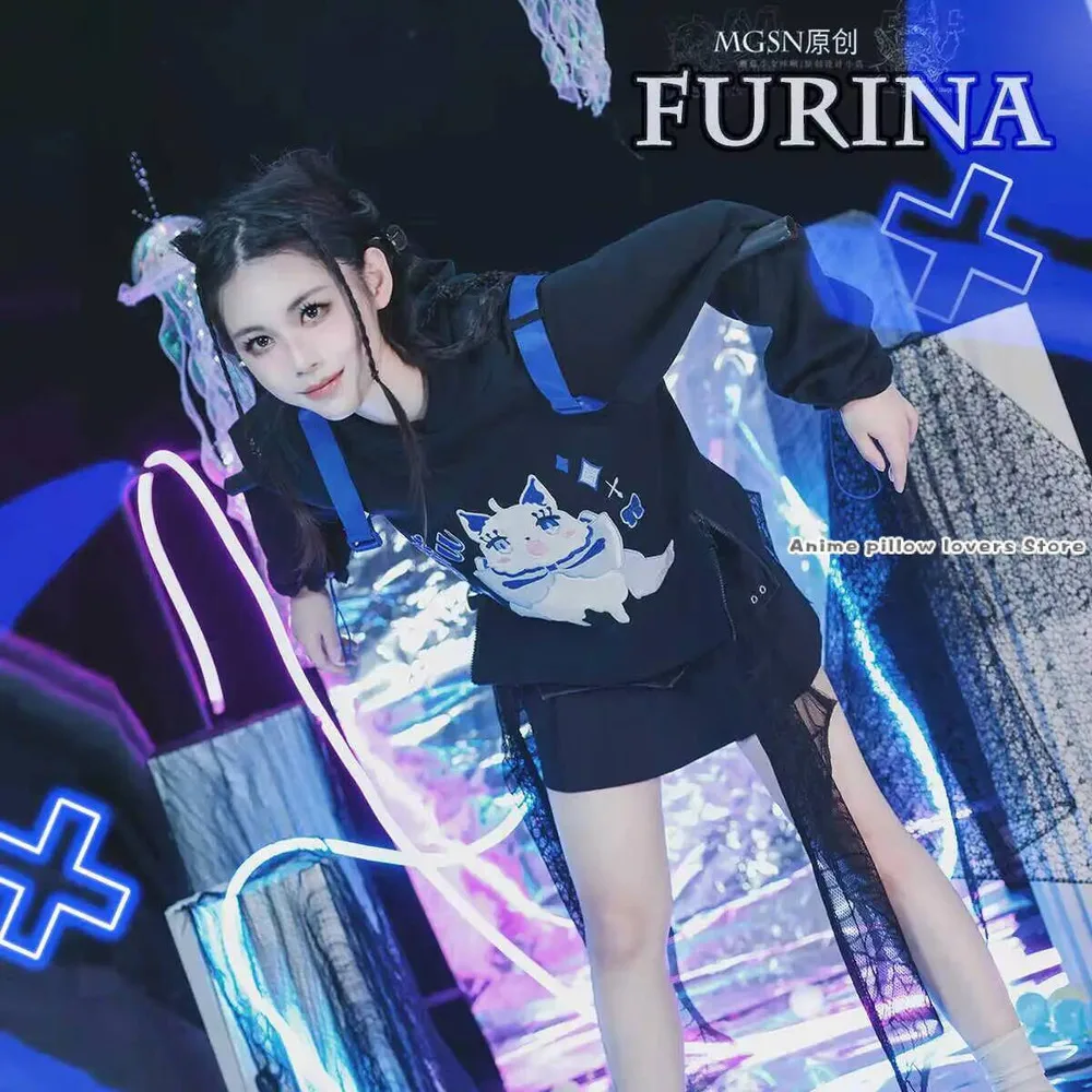 

Аниме Genshin Impact Furina Sweet Cool Black Cat Толстовка с капюшоном для женщин и мужчин Модная студенческая весенне-осенняя повседневная толстовка с капюшоном