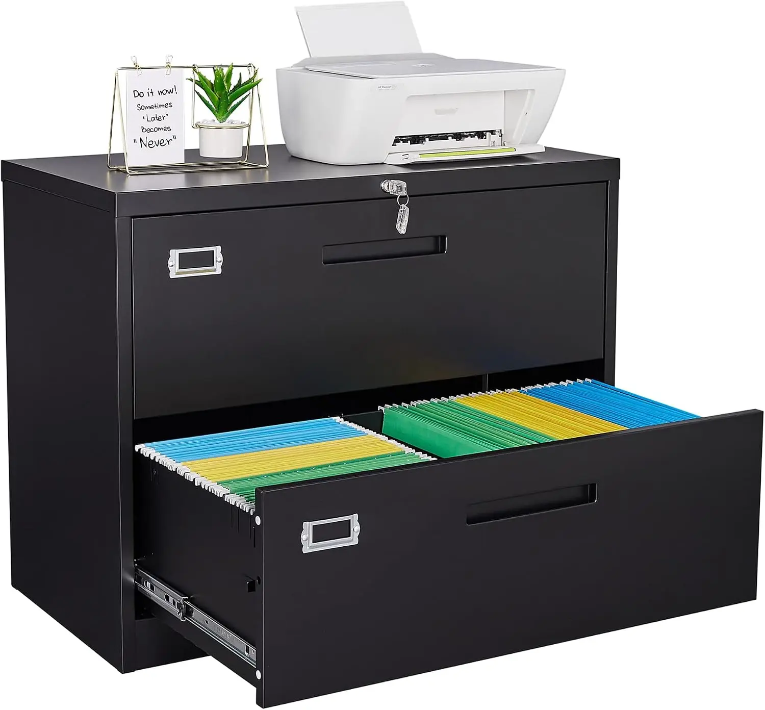 Lateral File Cabinet With 2 Drawers, Lockable Steel Document Storage Box, Heavy Duty Paper Organizer Holder For Home Office Legal Letter A4 F4 Size Files, Black, 1 Pack