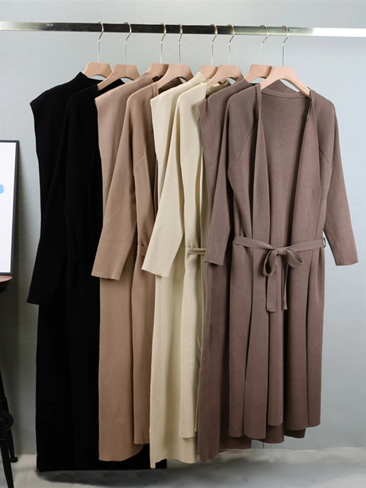 LANMREM Elegant Knited Two-piece Set Stand Collar Sleeveless Dress With Belt Gathered Waist Cardigan 2024 Autumn New 2Z2829