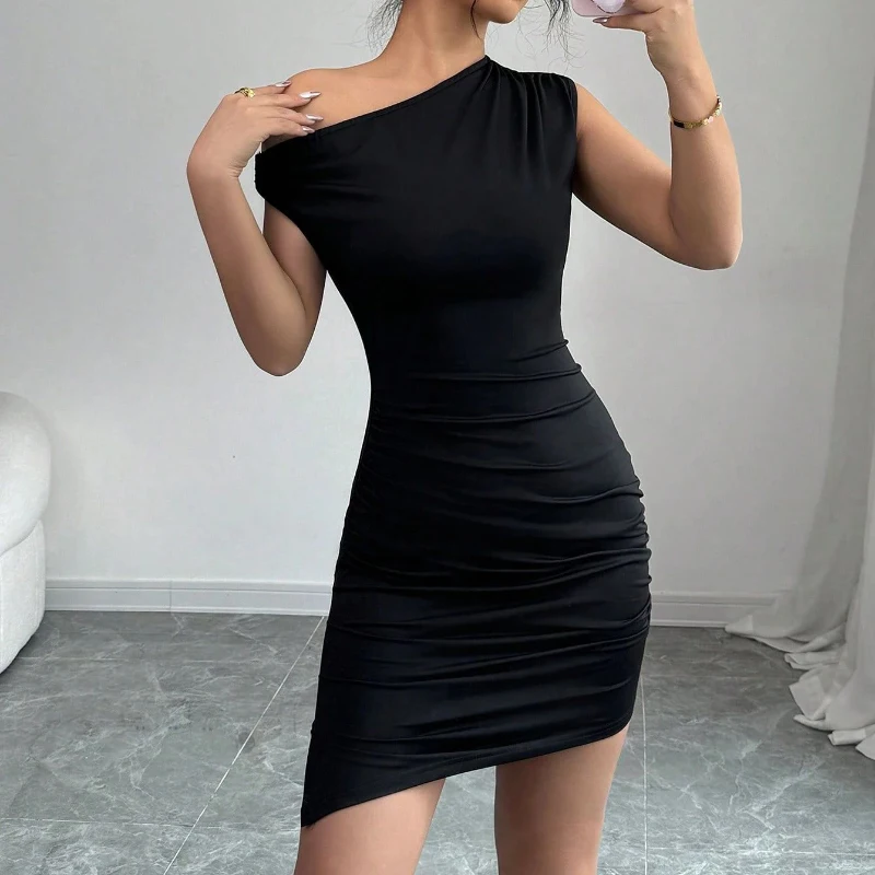 Sexy Black Diagonal Collar Split Mini Dress Women Streetwear One Shoulder Pencil Dresses 2026 Summer Fashion Slim Knit Dress