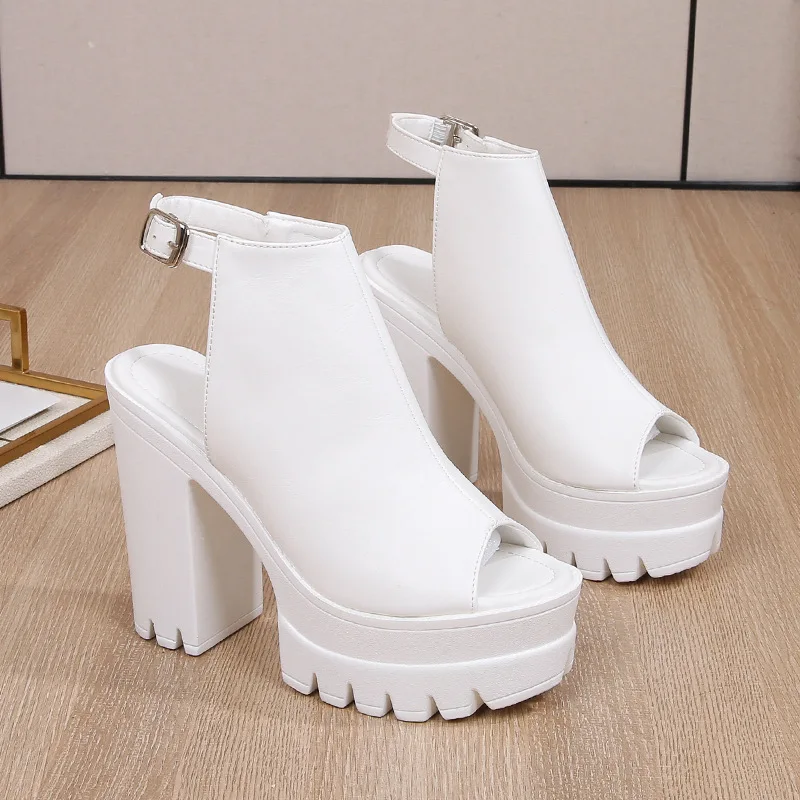 Summer New Thick Heeled Sandals Female Sexy Fish Mouth High Heels Roman Solid Colour Buckle Outside Non-slip Lightweight Shoes