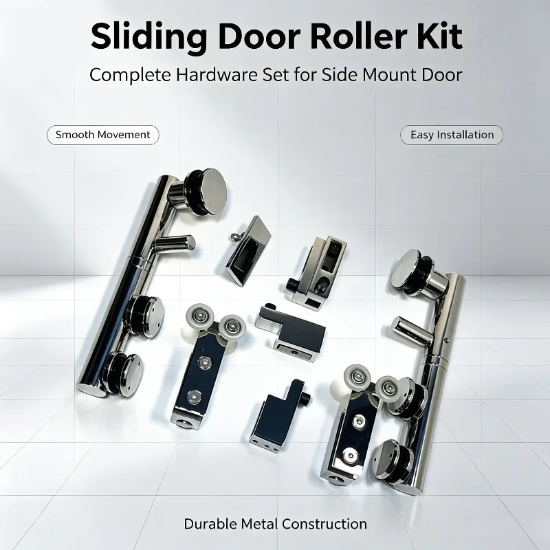 304 Stainless Steel Folding Glass Sliding Door Hardware Kit With Rollers For Bathroom Shower Room Glass Door Installation
