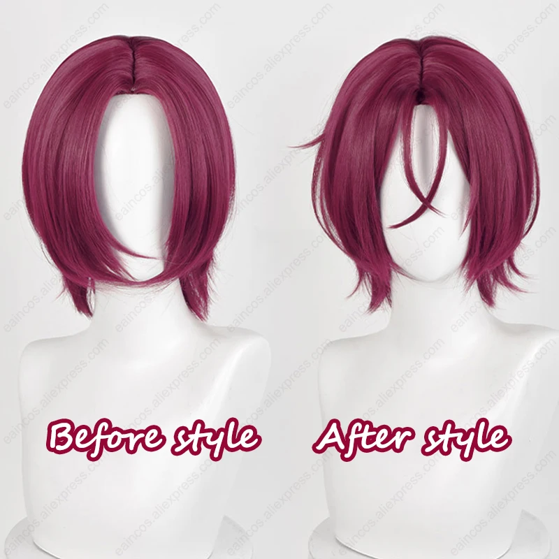 Rin Matsuoka Cosplay Pruik 33Cm Donkerroze Rode Pruiken Hittebestendige Synthetische Hoofdhuid Pruiken