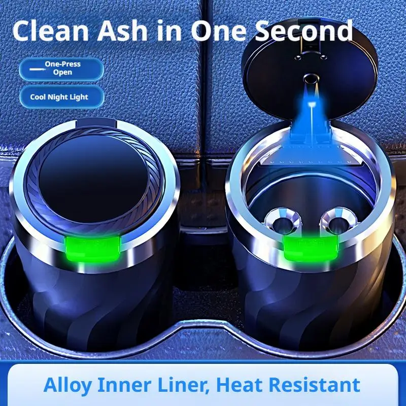Portable Car Ashtray with LED Light Metal Liner Auto Ash Tray Large Capacity One-Click Open Interior Accessories