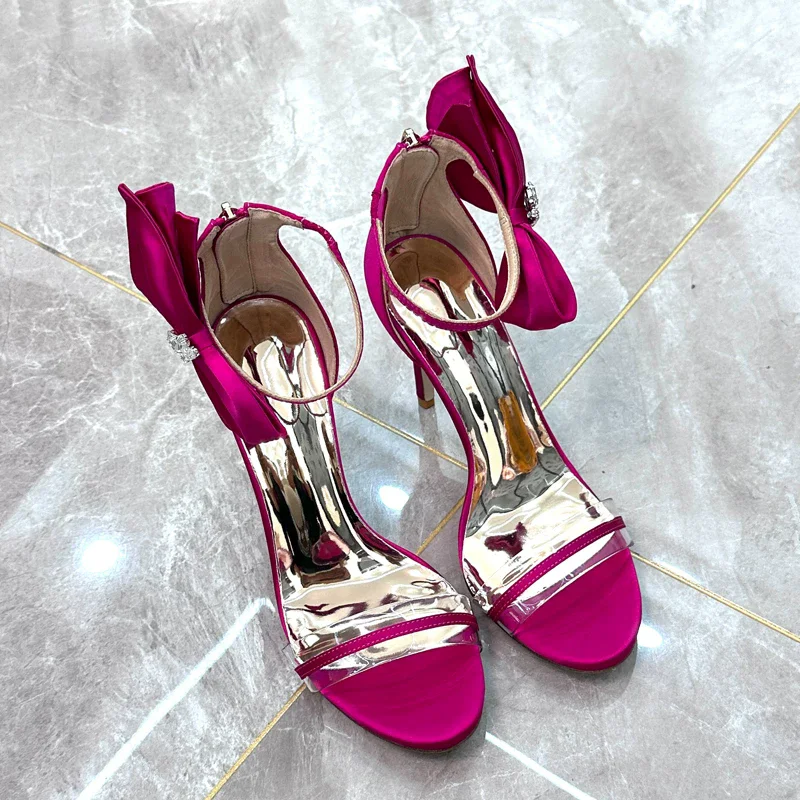 Summer New Round Head Diamond Buckle Silk Bow Transparent Strap Sandals Banquet Dress Small Size Thin Heel High Heels Women Shoe