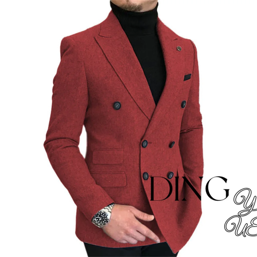 Double Breasted Lapel  Suit Men\'s Slim Fit Overcoat Jackets Man Wool Blazer Herringbone Dress Slim Fit Men\'s Suit Men\'s Casual