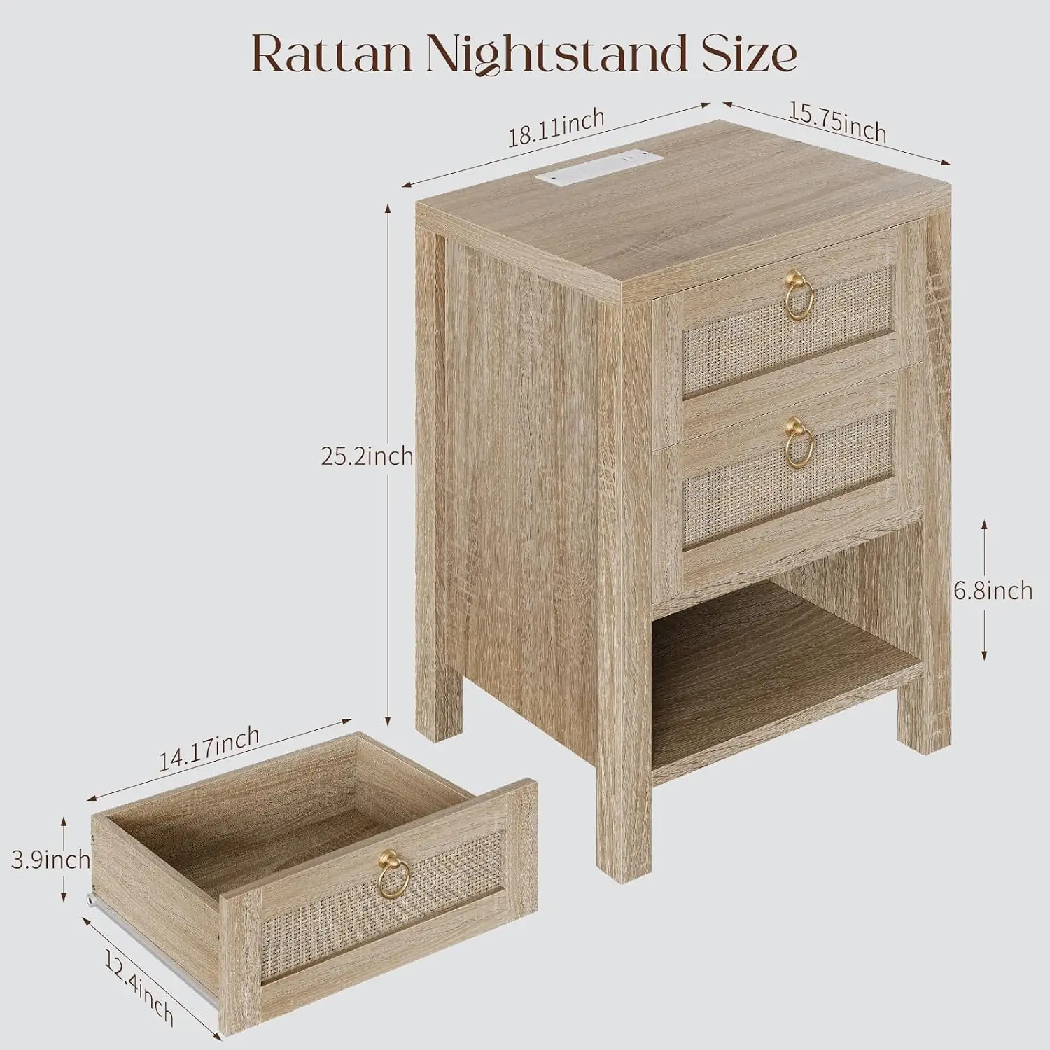 Rattan Nightstand With Charging Station & 2 Drawers, Customized