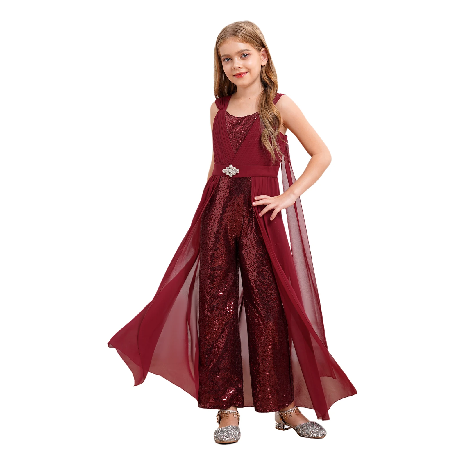 

2025 Kids School Banquet Pageant Ball Graduation Prom Costume Girls Sleeveless Sequin Ruffled Wide Leg Backless Chiffon Jumpsuit