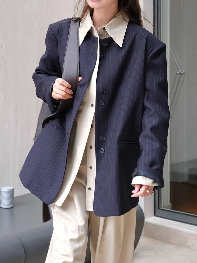 [EAM] Women Navy Blue Striped Elegant Big Size Blazer New O-neck Long Sleeve Jacket Fashion Tide Spring Autumn 2024 1DH7037