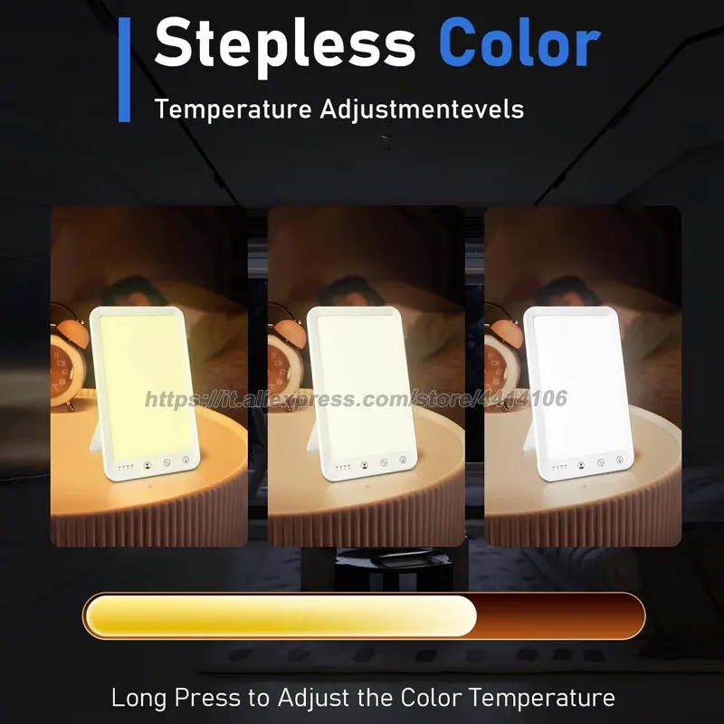 Lámpara de terapia de luz, lámpara de terapia LED sin rayos UV de 10000 LUX, luz energética, despertador con luz de despertador, temporizador y