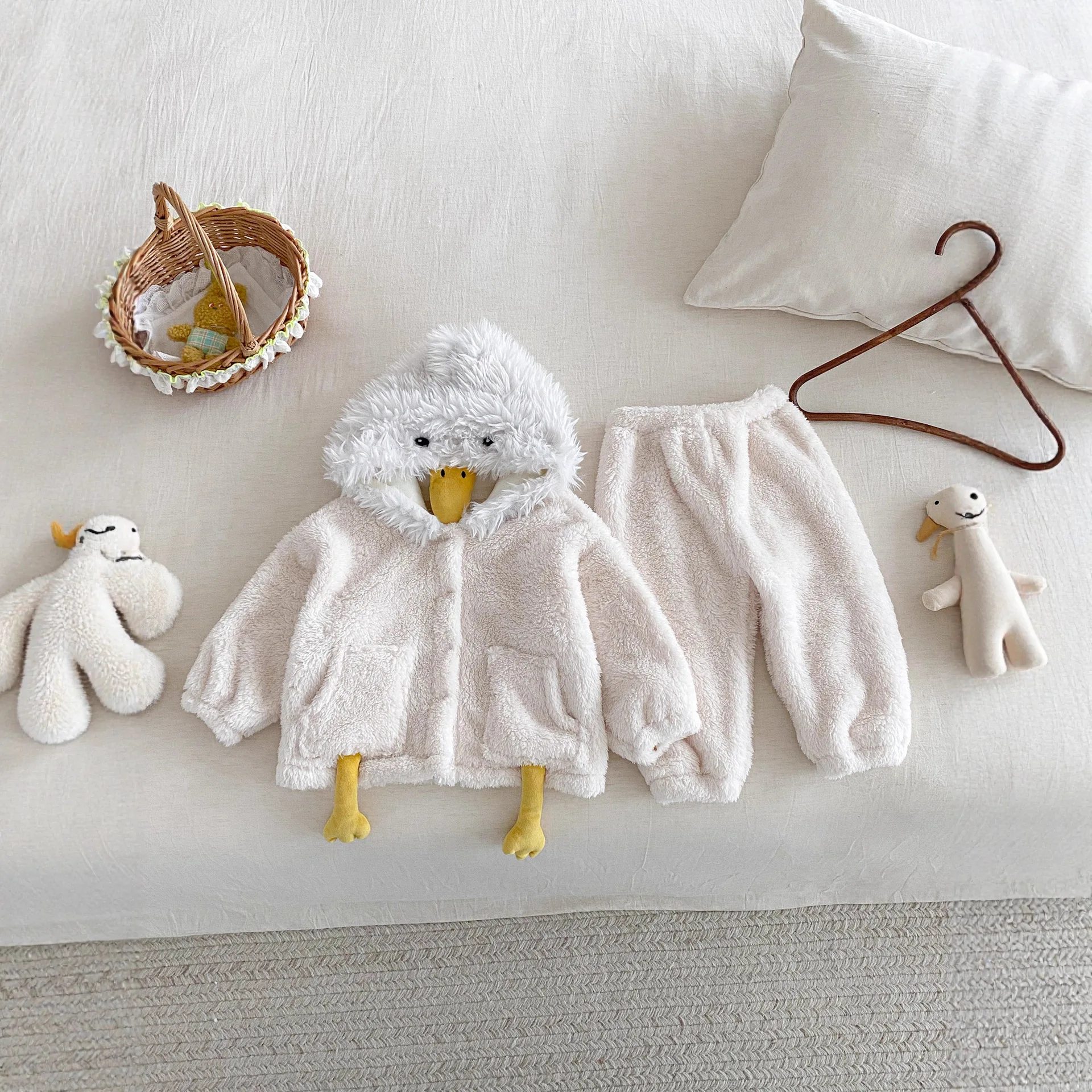 Kids Duck Hooded Pajama Set Toddler Boys Girls Fuzzy Fleece Loungewear Cute Animal Cosplay Sleepwear Warm 2‑Piece Home Outfit