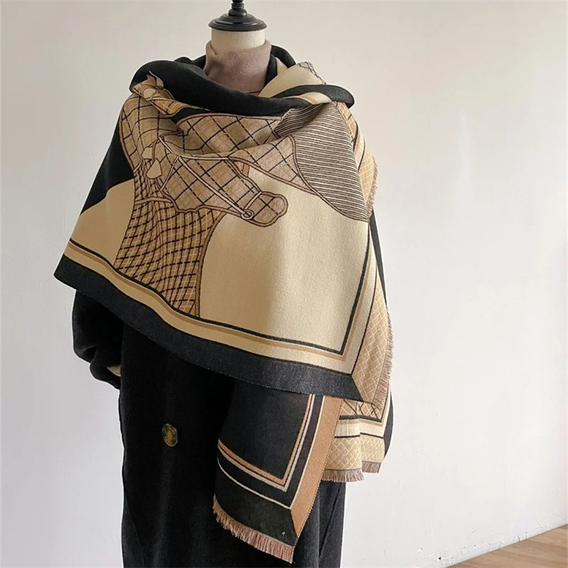 Poncho con estampado de caballo para mujer, chal de Cachemira de animales, Pashmina gruesa y cálida, manta, estola, Invierno