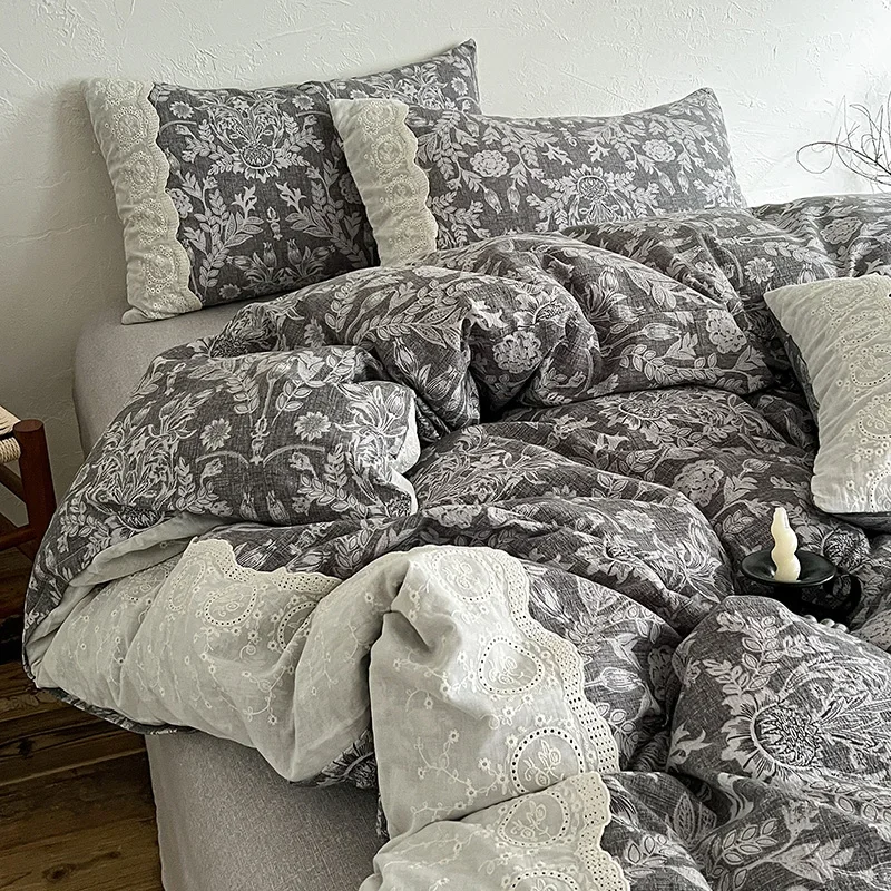 

4PCS Vintage Style Bedding Set Ins Princess Lace Duvet Cover Flat Sheet Set Twin Double Size Bed Sheet Set For Bedroom Decor