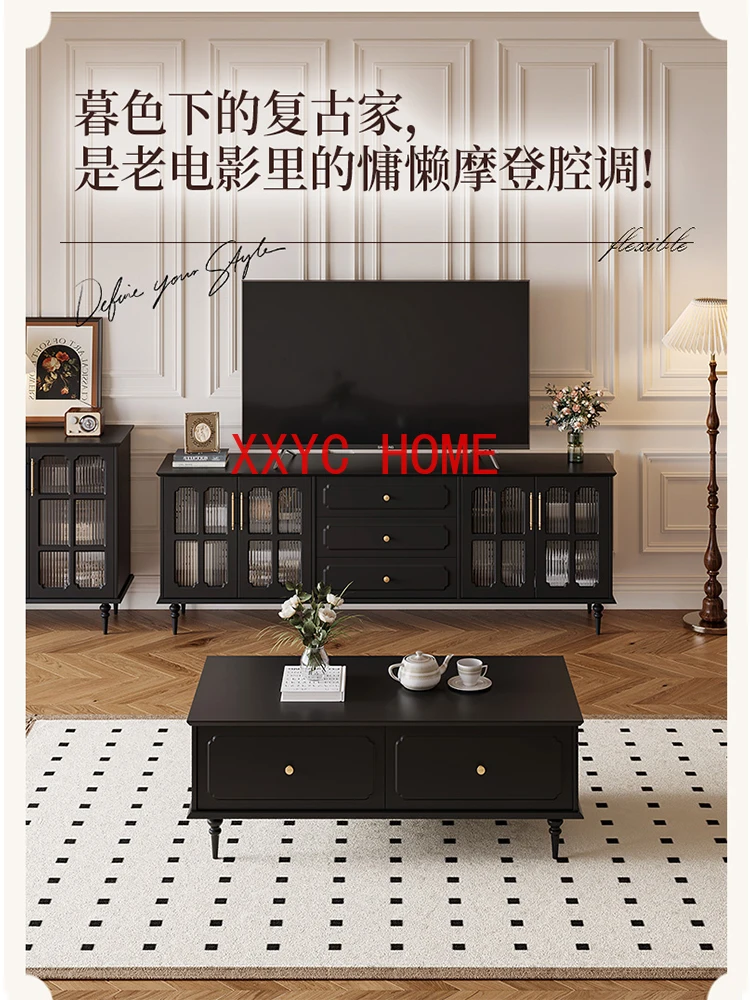 Living room, TV cabinet, coffee table, simple modern small apartment, heightened black French