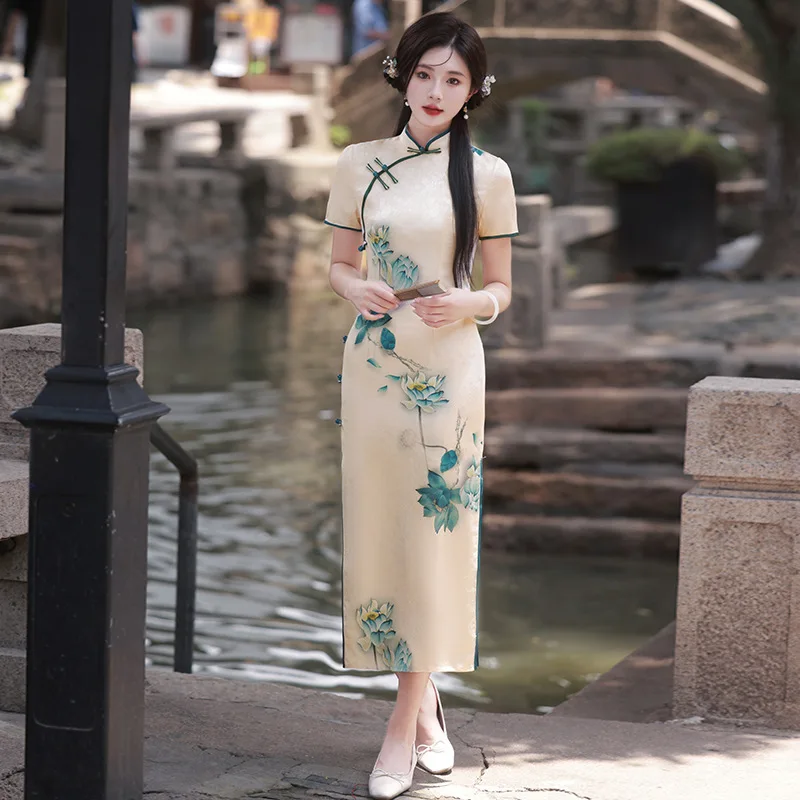 Spring and Summer New Double-Layer Jacquard Long Jiangnan Water Town Artistic Temperament Slimming Daily Cheongsam