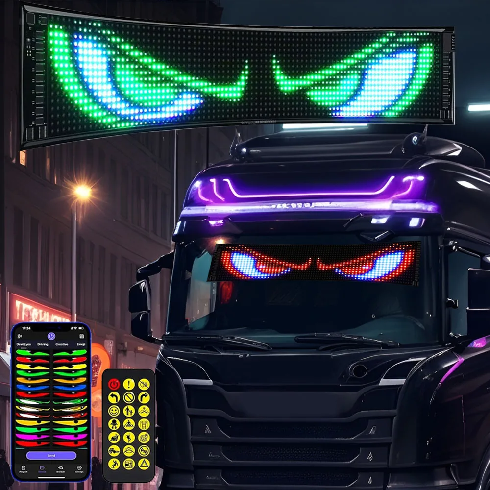 

LED Car Sign USB Devil Eye Light for Windshield Programmable Scrolling Animated Sign for Car Custom Flexible Light Bluetooth App