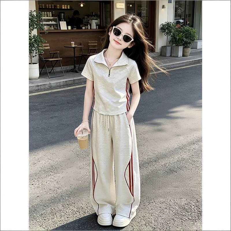女の子スポーティなルーズフィット半袖衣装夏子供服セット-2-ピースカジュアルスタイル快適な通気性吸湿発散性