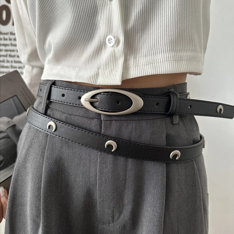 Y2K Women PU Leather Belt Retro Star Moon Decoration Pin Buckle Waistband For Dress Jeans Decoration Waist Strap Accessories