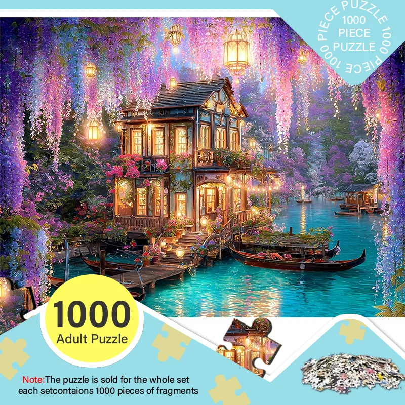 A Box of 1000pcs Adult Mini Puzzles with a Beautiful Riverside Cottage Design - Scratch-Resistant, Challenging, Suitable for A